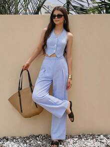 Set de 2 piezas de chaleco sin mangas a rayas y pantalones anchos a rayas para adolescentes, conjunto informal para el verano - Azul - Ver 8