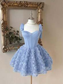 Elegante, romántico y de moda vestido de satén color café con hombros descubiertos y cola de sirena, con decoración floral 3D y volantes en el bajo, adecuado para fiestas de solteros, bodas, graduaciones, vacaciones, tardes de té y ocasiones formales - Celeste - Ver 3