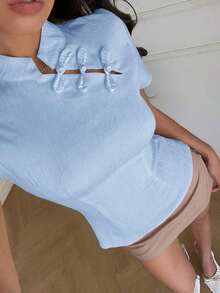 Blusa de cuello Mao de manga corta con cintura ceñida, estilo chino nuevo en color albaricoque, nuevo diseño de primavera/verano para mujer - Celeste - Ver 2