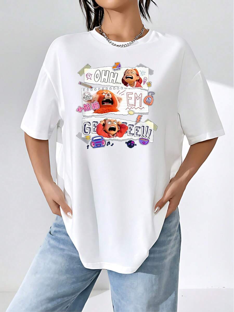 El estampado muestra una divertida expresión de sorpresa con ilustraciones coloridas que transmiten energía juvenil y buen humor ideal para un look casual moderno camiseta de mujer cómoda y suave para uso diario - Blanco - Ver 1