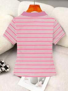 Camisa polo casual de manga corta con rayas y estampado de cerezas - Multicolor 3 - Ver 2