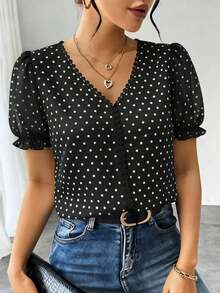 Blusa de gasa con estampado de lunares francés de moda para mujer, diseño elegante y elegante de manga corta con volantes para el verano - Negro 2 - Ver 6