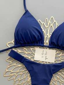 Bộ bikini 2 mảnh phong cách bohemian thanh lịch, gợi cảm, in hoa, buộc dây, thích hợp cho bãi biển và kỳ nghỉ, mùa xuân/hè. - Màu xanh hải quân - Xem 4