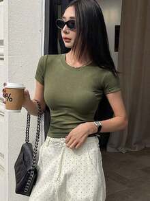 Camiseta de manga corta de unicolor casual para mujer, verano - Verde militar - Ver 5