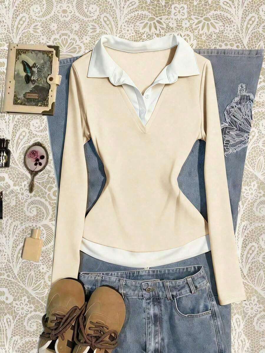 Blusa casual de manga larga con cuello de contraste y diseño 2 en 1 para mujer - Albaricoque - Ver 1