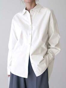 -Less Camisa de mujer de manga larga de un solo pecho, de unicolor, de hombros caídos, para uso casual y de negocios - Blanco - Ver 3