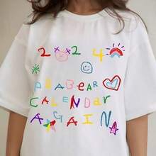 Camiseta de manga corta de algodón para mujer, talla grande, estilo europeo y americano, moderna, holgada, con estampado de letras, para verano. - Negro - Ver 1