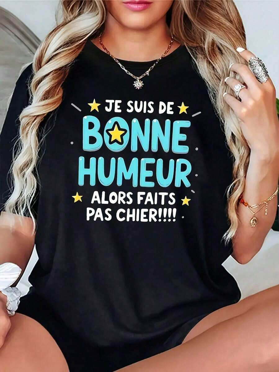 Camiseta de Mujer con Frases en Francés - "Estoy de Buen Humor" y "Estoy Enamorado/a" con Texto en Francés, Estrellas y Corazones - Top Negro Casual de Cuello Redondo y Manga Corta - Elasticidad Media, para Amantes de la Moda, Material Transpirable, Diseño, Moda de Primavera, Ajuste Cómodo - Negro - Ver 1