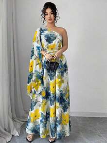 Elenzya Vestido maxi de talla grande sin mangas con cintura anudada, estampado de flores efecto tie-dye, elegante vestido de estilo francés para vacaciones de primavera/verano - Multicolor - Ver 6