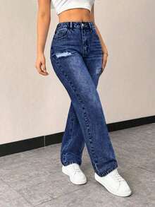 Jeans rectos de talle alto con bolsillos, ajustados y desgastados para mujer - Azul lavado oscuro - Ver 1