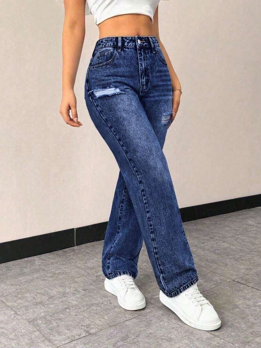 Jeans rectos de talle alto con bolsillos, ajustados y desgastados para mujer - Azul lavado oscuro - Ver 1