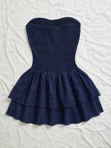 Vestido azul marino con cintura ceñida, plisado, sin tirantes, sexy, calado, con bordado y dobladillo fruncido, estilo vacaciones - Azul marino - Ver 2