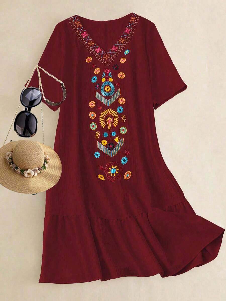 Vestido casual de manga corta con bordado para mujer talla grande, adecuado para ocio y vacaciones - Burdeos - Ver 1