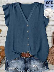 Camisa casual de vacaciones para mujer, diseño minimalista adecuado para el verano, blusa con estampado floral diminuto, camisa de verano para mujer, conjunto de vacaciones para mujer - Azul 2 - Ver 6