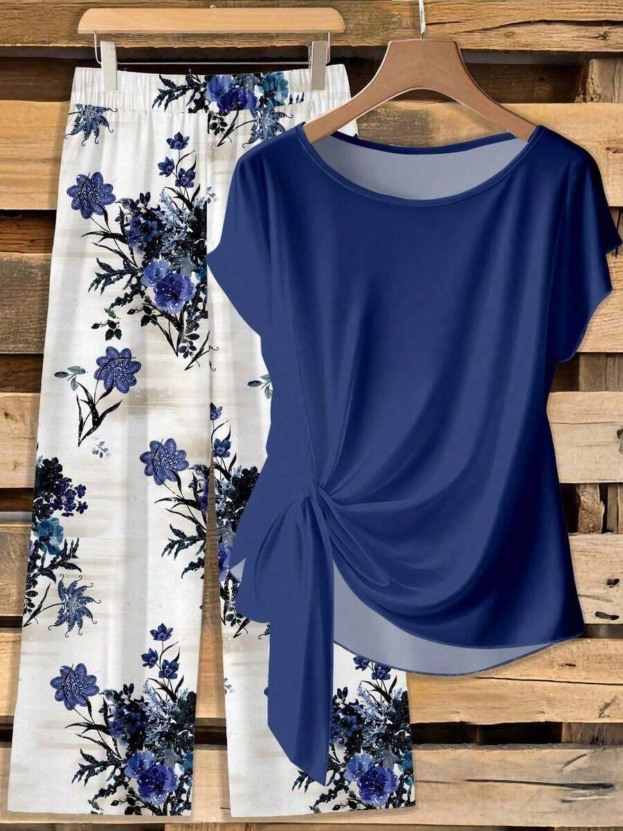 Conjunto de 2 piezas de blusa con lazo y pantalones rectos para mujer, informal - Multicolor 19 - Ver 1