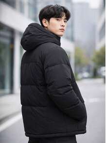 Men's Outdoor Winter Jacket, Thick Padded With Removable Hood - Black - View 4