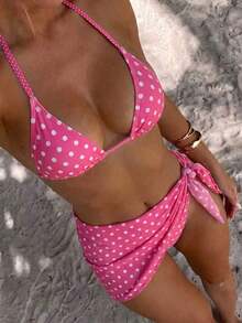 Swim Mod Conjunto de bikini de 3 piezas con estampado de lunares, escote halter y espalda con lazo, para vacaciones en la playa, atuendo de primavera, carnaval 2026, elegante, casual, traje de baño con falda - Rosa Fucsia - Ver 1