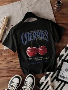 Camiseta Vintage con Estampado de Frutas y Diseño 'Mi Mejor Amiga Es Mi Cereza' para Mujer 6OE9Fashion, Camiseta Moderna para Mujer - Negro - Ver 2