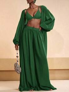 Conjunto de bata plisada de unicolor y pantalones de pierna ancha para mujer, conjunto informal de vestir para vacaciones - Verde - Ver 6