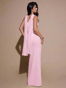 Vestido de malla ajustado con drapeado asimétrico, elegante y sexy vestido de gala para fiesta, boda, cumpleaños, Navidad, Halloween - Amarillo claro - Rosa Pálido - Ver 2