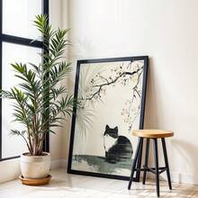 1幅无框日式樱花猫壁画，中性米色和黑色帆布印刷，侘寂美学家居装饰，适用于客厅和卧室 - A - 查看 6