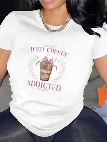 Soft Fabric T-Shirt, Printed With The Design "Maybe I'll Fall In Love With Iced Coffee". | The Ideal Choice For Cafes, Durable And Lightweight, Perfect For Everyday Wear In Restaurants Or Lounges, Comfortable Fabric, Stylish Printed T-Shirt, Crew Neck, Fashionable T-Shirt With Medium Stretch. - 白色 - 查看 7