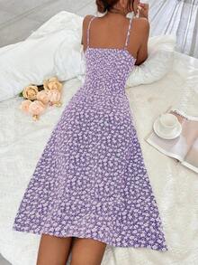 Vestido largo con estampado floral diminuto y abertura lateral para mujer - Morado - Ver 2