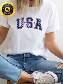 Camiseta R USA Stars, Camiseta patriótica del 4 de julio. 220 g de algodón puro unisex. Peso ideal para todas las estaciones, apta para hombres y mujeres. Tejido duradero de alta calidad, suave al tacto y de larga duración. Camiseta transpirable. Adecuada para la primavera y el verano, vacaciones, Día de la Madre y Día de la Independencia. - Blanco - Ver 1
