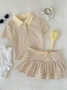 Conjunto de 2 piezas de camiseta de manga corta a rayas y minifalda de moda casual para mujer, primavera/verano 2026.Ropa de mujer de verano, conjunto de playa para el Día de San Valentín, estilo Y2K en color rosa claro - Albaricoque - Ver 1