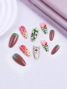 Bộ 24 móng tay giả ngắn hình hạnh nhân, màu đỏ, xanh lá cây và vàng cổ điển với đầu móng kiểu Pháp, các họa tiết nghệ thuật móng bao gồm cà chua, chấm bi, lá cây và sọc, bóng bẩy và thanh lịch, phù hợp cho phụ nữ, các bạn gái vào mùa xuân/hè, đám cưới, công sở, sử dụng hàng ngày, có thể tái sử dụng, kèm theo bộ dụng cụ, món quà tuyệt vời cho việc làm móng của phụ nữ. - Nhiều màu - Xem 3