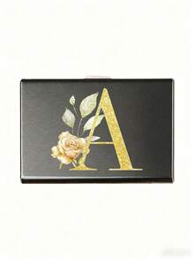 1pc 6 Card Slots Slim Card Case, Gold Initial A-Z & Floral Print Wallet ID Bank Credit Card Holder Black Metal RFID Blocking Card Holder, Slim Anti-Scan Aluminum Credit Card Case, Portable Multi-Slot Hard Shell Organizer For Women Men - Multicolor - View 3