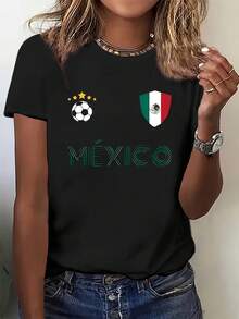 Camiseta de algodón de color para mujer con estampado vintage de la bandera mexicana y estrellas, de manga corta, nueva para verano, estilo casual, elegante y a la moda. - Negro - Ver 1