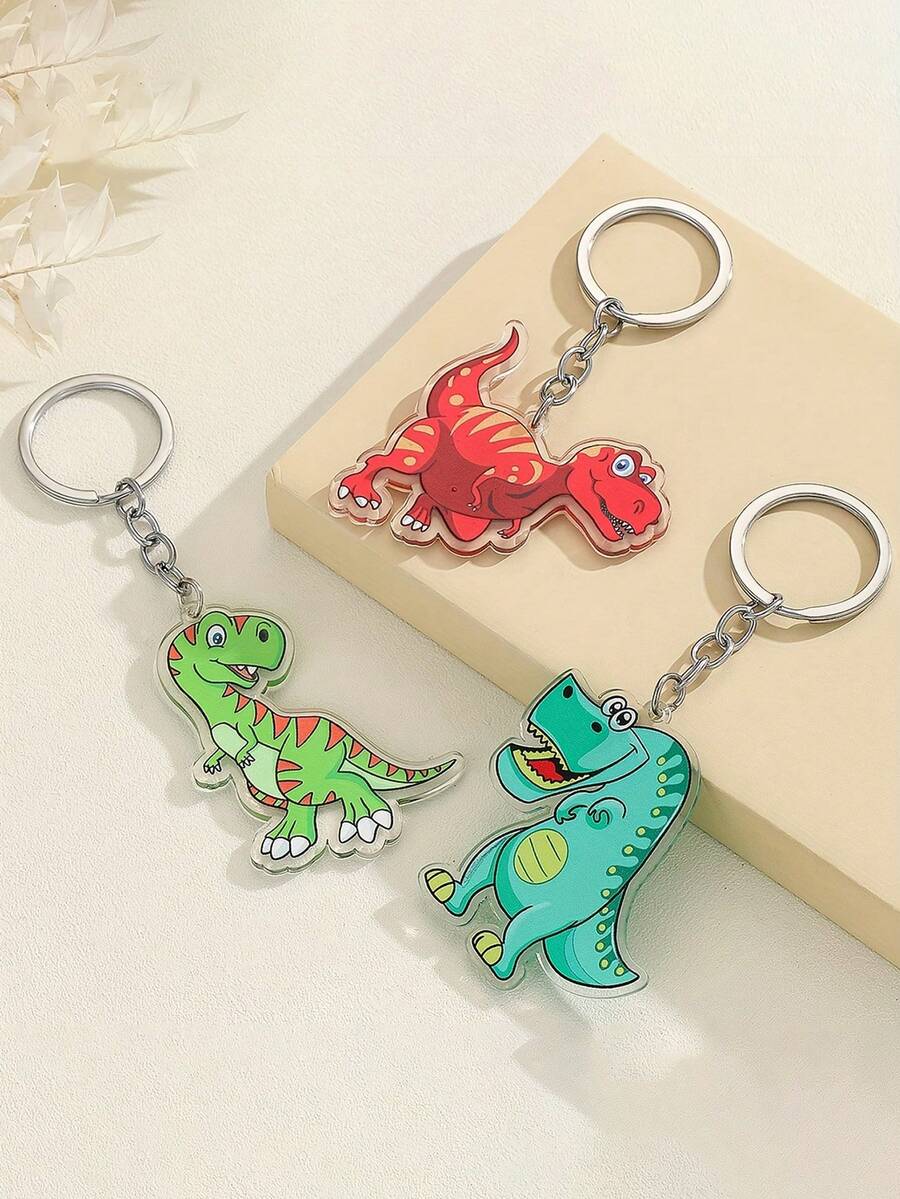 3pcs Cute Dinosaur Keychains, Acrylic Cartoon Tyrannosaurus Rex Bag Charms, Colorful Acrylic T-Rex Keyrings, Funny Dinosaur Keychain Set, Adorable Acrylic T-Rex Bag Pendant - Multicolor - View 1