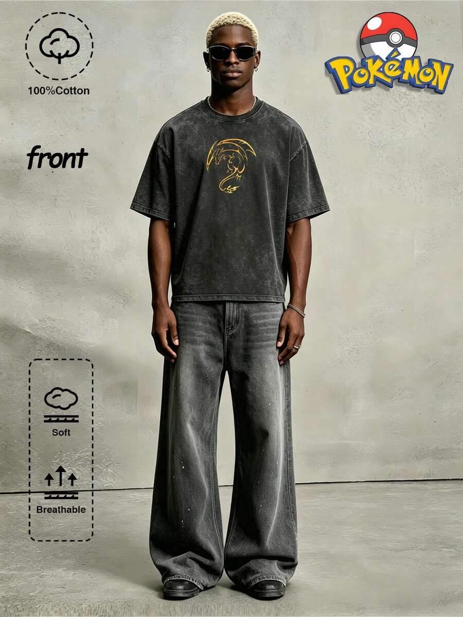 pokemon Oversize-T-Shirt mit Charizard-Motiv, Pokémon-Anime, Herrenmode, Kurzarm, gewaschene Baumwolle | Pokémon Charizard-Print | Sommer-Must-have für vielseitige Anwendung | Top-Wahl für Pokémon-Fans | Ideal für Reisen, Zuhause und Sport | Super beliebter Charakter - Schwarz - Übersicht 1