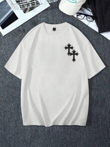 1 pieza de camiseta casual para regalo de San Valentín, top corto con estampado de doble cruz estilo Y2K para mujer, camiseta de manga corta ajustada con estampado de cruz gótica negra sobre fondo blanco, camisa de estilo vintage para uso diario en vacaciones y para atuendos cotidianos, ideal para ropa urbana y looks de moda atrevidos (pieza única, material: 100% algodón) 180g Algodón 100%. - Blanco - Ver 1