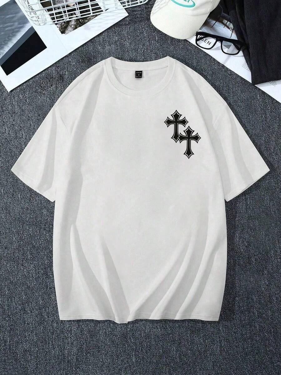 1 pieza de camiseta casual para regalo de San Valentín, top corto con estampado de doble cruz estilo Y2K para mujer, camiseta de manga corta ajustada con estampado de cruz gótica negra sobre fondo blanco, camisa de estilo vintage para uso diario en vacaciones y para atuendos cotidianos, ideal para ropa urbana y looks de moda atrevidos (pieza única, material: 100% algodón) 180g Algodón 100%. - Blanco - Ver 1