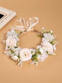 1pc Pastel Pink Faux Flower Wreath Headband, Girly Outdoor Photo Prop, Spring Floral Hair Accessory, Halo Headpiece For Photoshoot - Beige - View 8