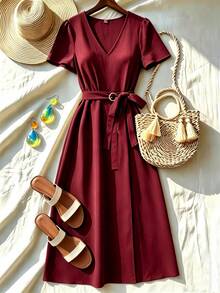 Vestido Elegante para Mujer, Cuello V, Manga Corta con Cinturón, Ideal para Vacaciones y Uso Diario - Burdeos - Ver 1