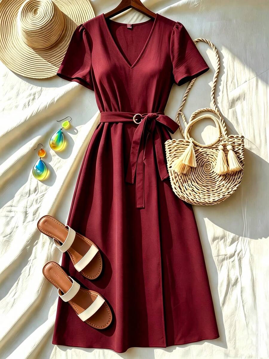 Vestido Elegante para Mujer, Cuello V, Manga Corta con Cinturón, Ideal para Vacaciones y Uso Diario - Burdeos - Ver 1