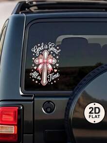 Pegatina de coche con cruz cristiana, calcomanía religiosa "Dios siempre es bueno", decoración de ventana con lazo de leopardo rosa - A - Ver 1