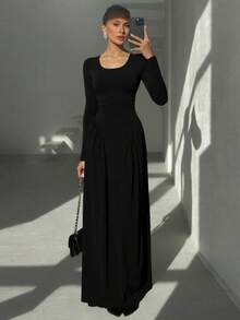 New Autumn Winter Collection Solid Color Dress French Style U-Neck Long Sleeve Dress With Ties Fitted Waist Elegant Sophisticated European Fashion For Women - 黑色 - 查看 2