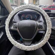 Handmade Crochet Steering Wheel Cute Car Seat Belt Cover Woven Sunflower Grandmother Plaid Pattern Female Car Decoration Additions - 白色 - 查看 6