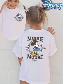 [Authorized] Minnie Mouse Print Disney Girls Summer Round Neck Casual T-Shirt Children's Clothing, Slightly Stretchy Fabric, Suitable For Birthday Gifts, Suitable For Daily Sports And Travel, Summer Girls T-Shirt - 白色 - 查看 1