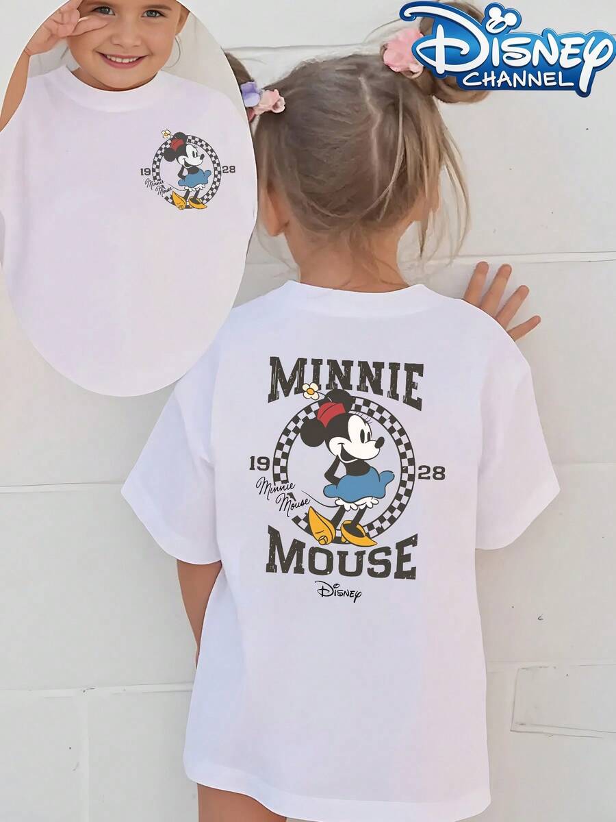 [Authorized] Minnie Mouse Print Disney Girls Summer Round Neck Casual T-Shirt Children's Clothing, Slightly Stretchy Fabric, Suitable For Birthday Gifts, Suitable For Daily Sports And Travel, Summer Girls T-Shirt - 白色 - 查看 1