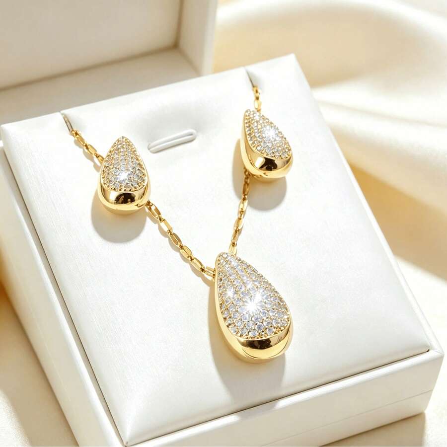 1套不鏽鋼鍊條鋯石水滴吊墜項鍊與耳環套組,禮品珠寶 - 金色 - 查看 1