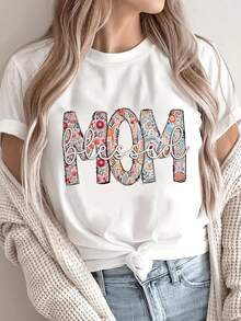 [Local Delivery] Women's T-Shirt, Casual Short Sleeve Crew Neck T-Shirt For Women, Floral Mom Print, Comfortable Polyester Top For Mother's Day Gift - 白色 - 查看 2