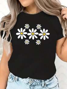 short sleevesMujer Camiseta de mujer México Envío Tela transpirable de alta calidad Estampado de Lavado a máquina Fresco Deportes Cuello redondo Casual Manga corta Versátil Nueva Era Lavable a máquina, top casual de cuello redondo de deportes de trabajo estudiantil, moda cómoda y moderna | vestidos de mujer verano almacen localCamisa de algodón negra con bonitas flores de margarita blancas y cores amarillos, perfecta para cualquier ocasión casual y cómodaLeisure - Negro - Ver 1