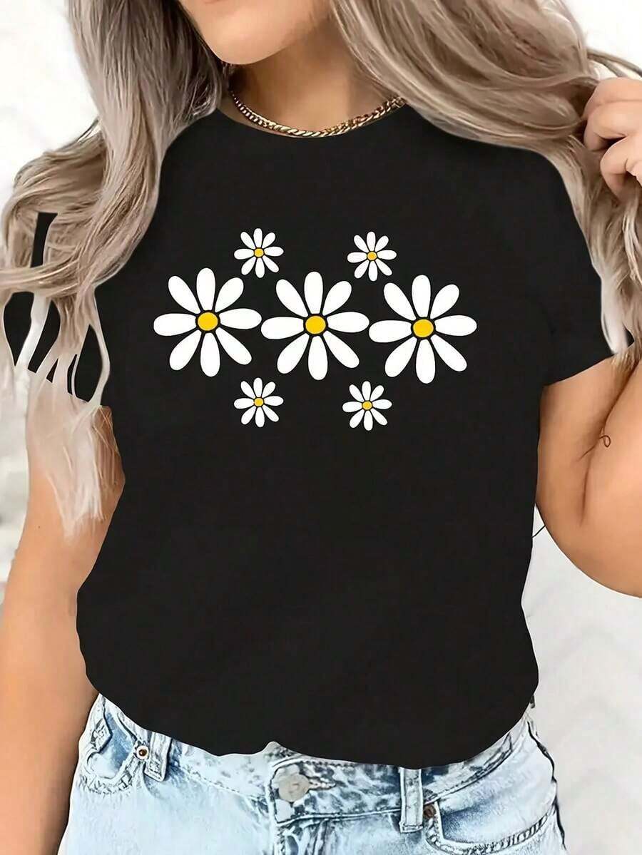 short sleevesMujer Camiseta de mujer México Envío Tela transpirable de alta calidad Estampado de Lavado a máquina Fresco Deportes Cuello redondo Casual Manga corta Versátil Nueva Era Lavable a máquina, top casual de cuello redondo de deportes de trabajo estudiantil, moda cómoda y moderna | vestidos de mujer verano almacen localCamisa de algodón negra con bonitas flores de margarita blancas y cores amarillos, perfecta para cualquier ocasión casual y cómodaLeisure - Negro - Ver 1
