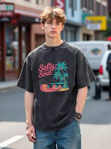 Camiseta lavada, de corte holgado, negra, con estampado de palmeras y tablas de surf, ropa de playa. - Negro - Ver 3