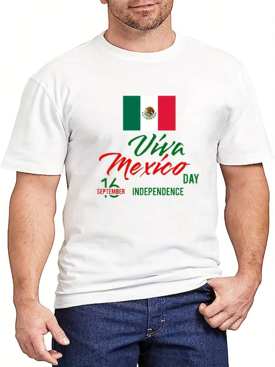Mexico Independence Day Celebration T-Shirt - Casual & Stylish Round Neck, Short Sleeve For Men, Breathable 100% Cotton Tee For Adult, Men, Women, Teen, Teenager, Adolescent, Youth - White - View 1